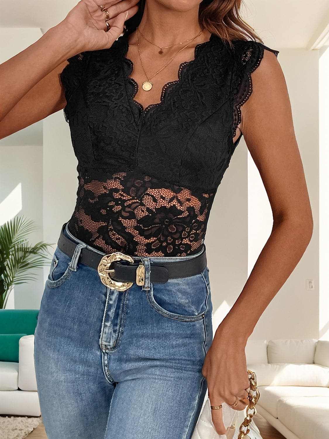 Lace v-neck bodysuit with sheer details - Love Salve